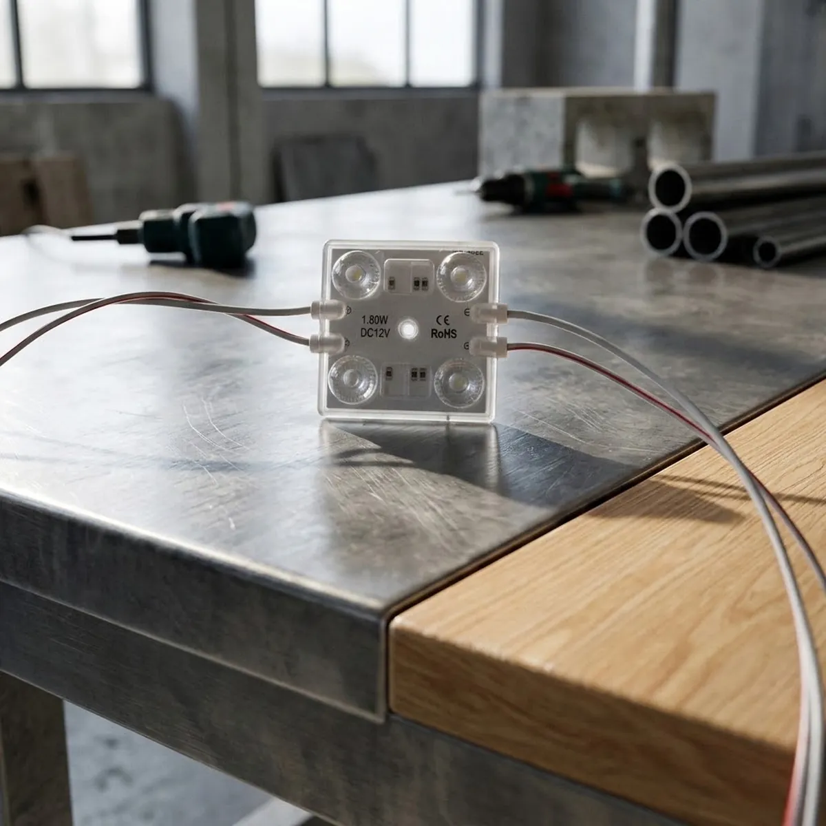 Módulo LED 12V 1,8W de 4 diodos y 140 lm/W en banco de taller de rotulación, listo para montar en cajas de luz y letras