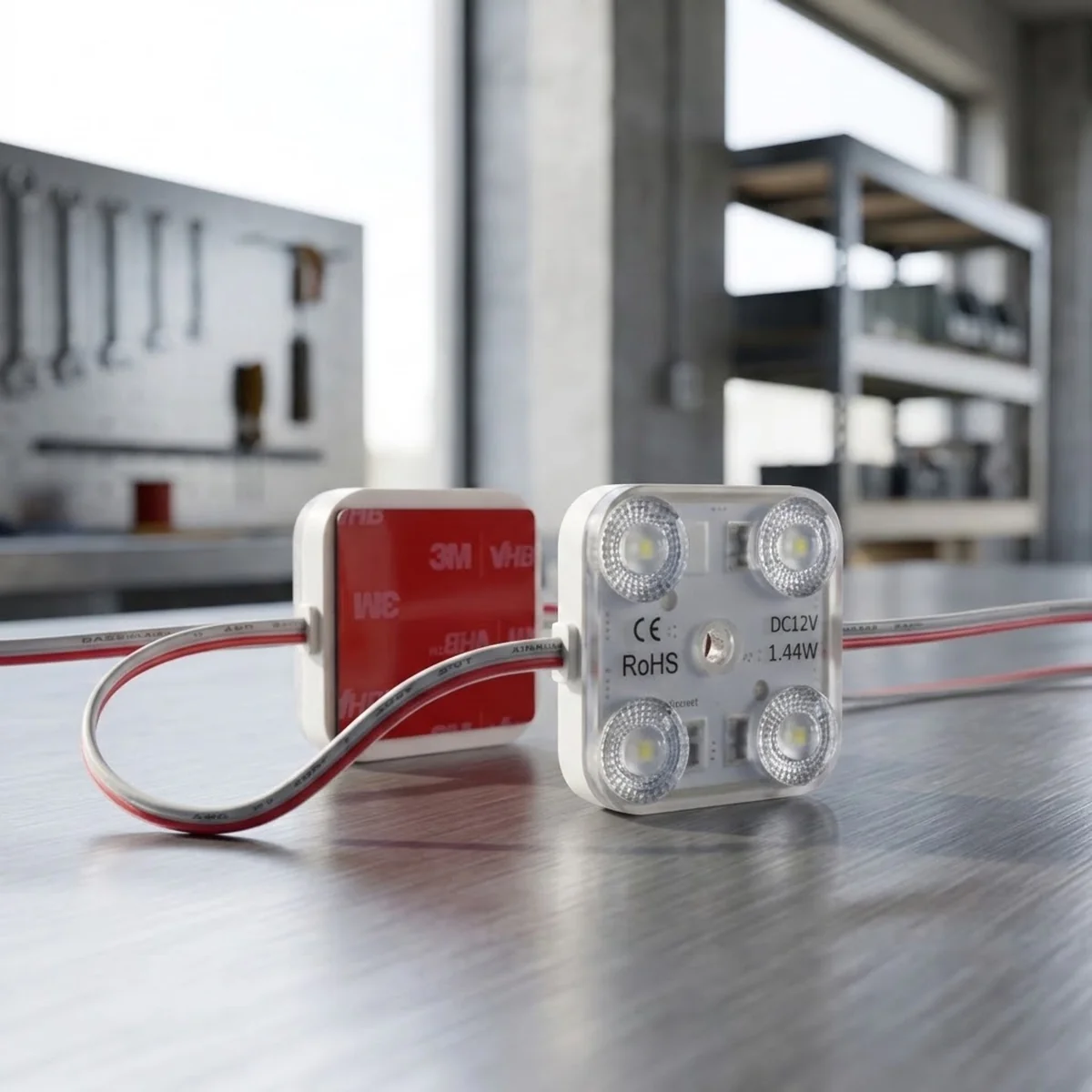 Frontal y reverso del módulo LED 12V 1,44W de 4 diodos IP67, con cuatro lentes y adhesivo trasero 3M para montaje