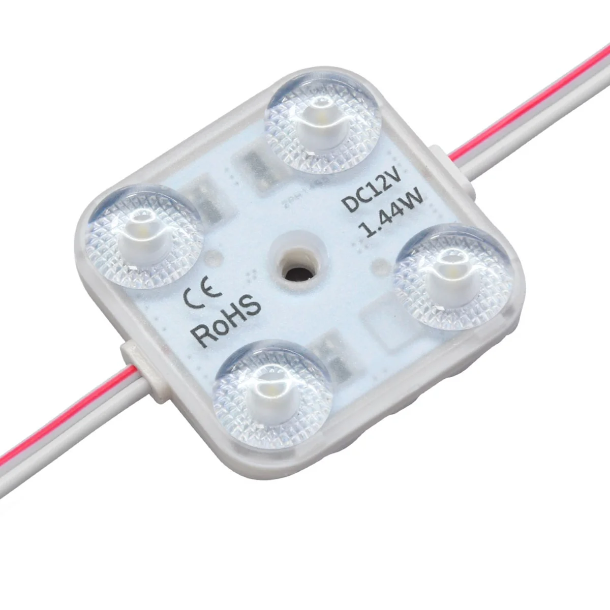 Módulo LED 12V 1,44W de 4 diodos, 170 lm/W, óptica 175° e IP67: vista principal para cajas de luz profundas