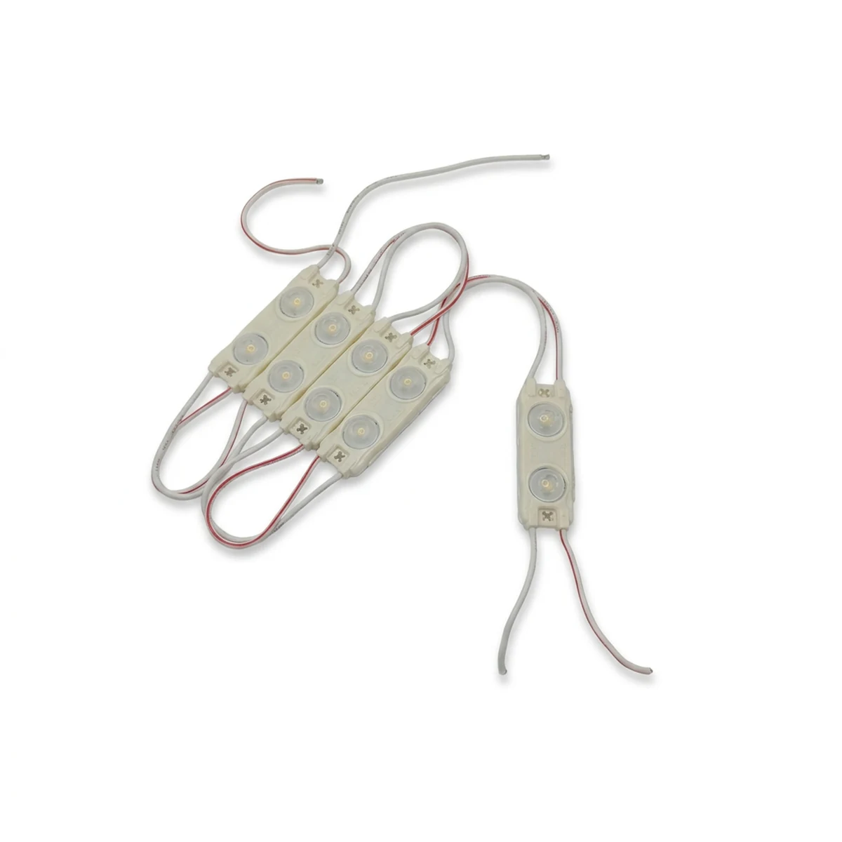 Módulos LED 12V 0,72W de 2 diodos para letras corpóreas Conjunto de módulos LED 12V 0,72W con 2 diodos, óptica 160° y protección IP67 para letras corpóreas poco profundas