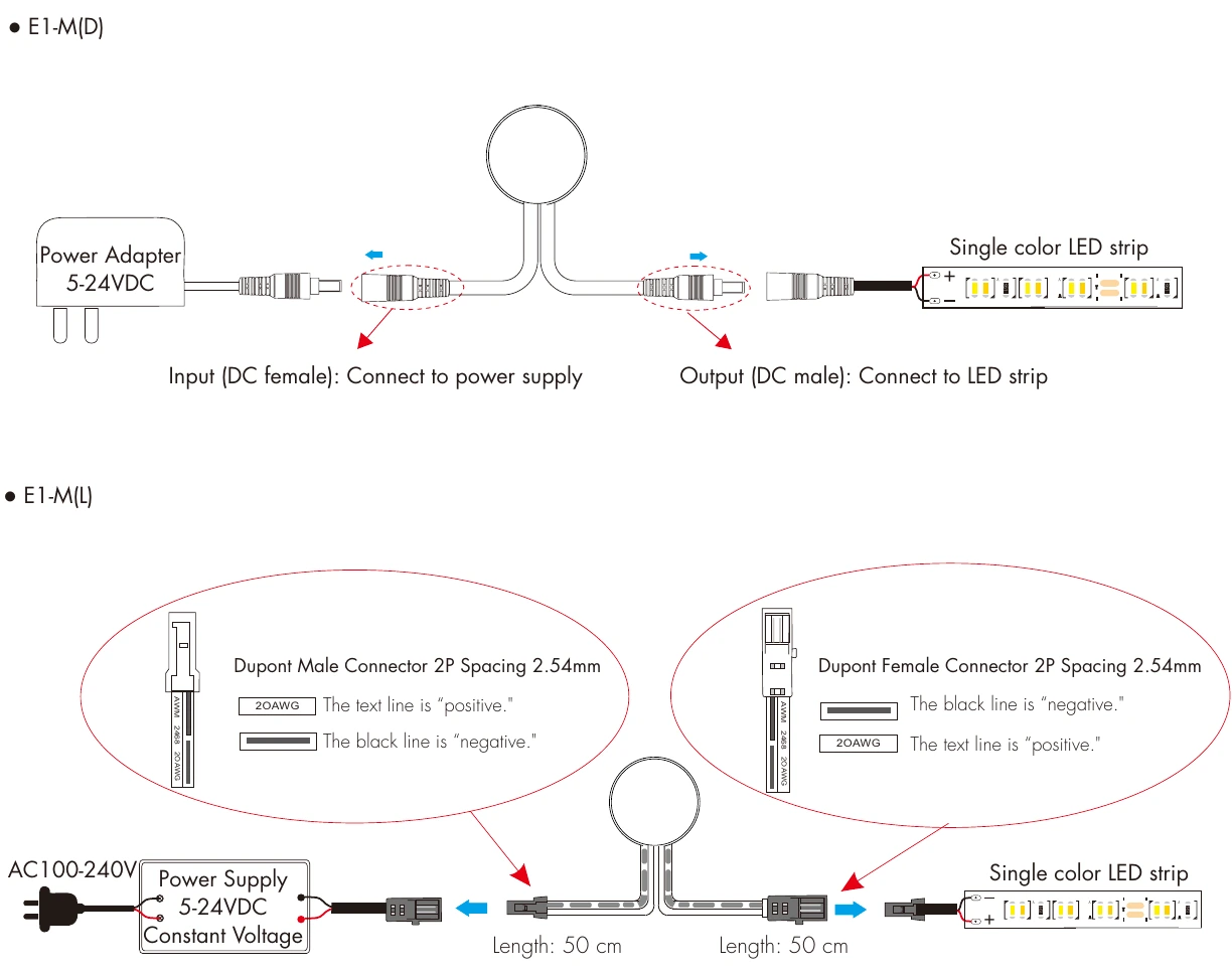 Raccordement E1-M(D) DC et E1-M(L) Dupont