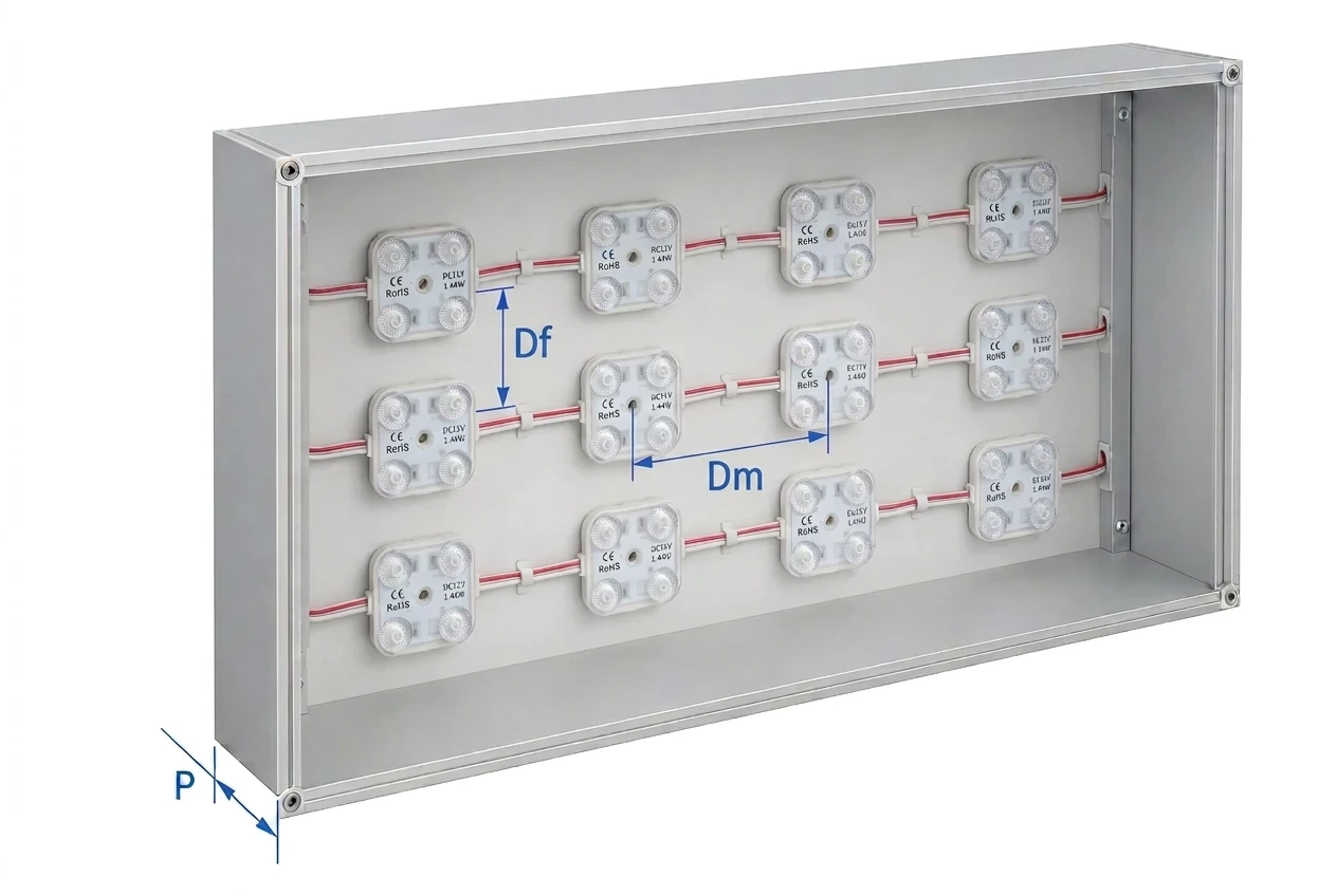 Croquis de distribución de módulos LED dentro de una caja de luz profunda: Dm entre módulos, Df entre filas y P de profundidad