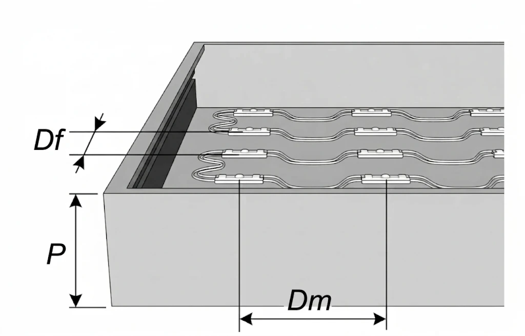 Croquis de distribución de módulos LED de 3 diodos dentro de una caja de luz: Dm entre módulos, Df entre filas y P de profundidad
