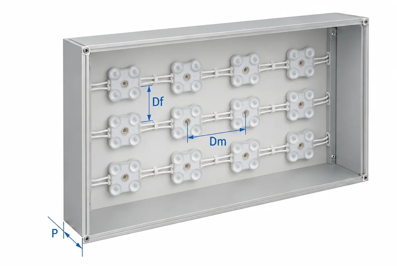 Distancias Dm, Df y P para instalar módulos LED 220V de 4 diodos y 2,2 W en cajas de luz Croquis de una caja de luz con módulos LED 220V de 4 diodos conectados en cadena directamente a red: Dm entre módulos, Df entre filas y P de profundidad