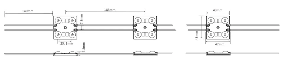 Croquis de medidas del módulo LED 12V 1,8W de 4 diodos 140 lm/W IP67: 43 × 43 × 7,8 mm y 183 mm entre centros