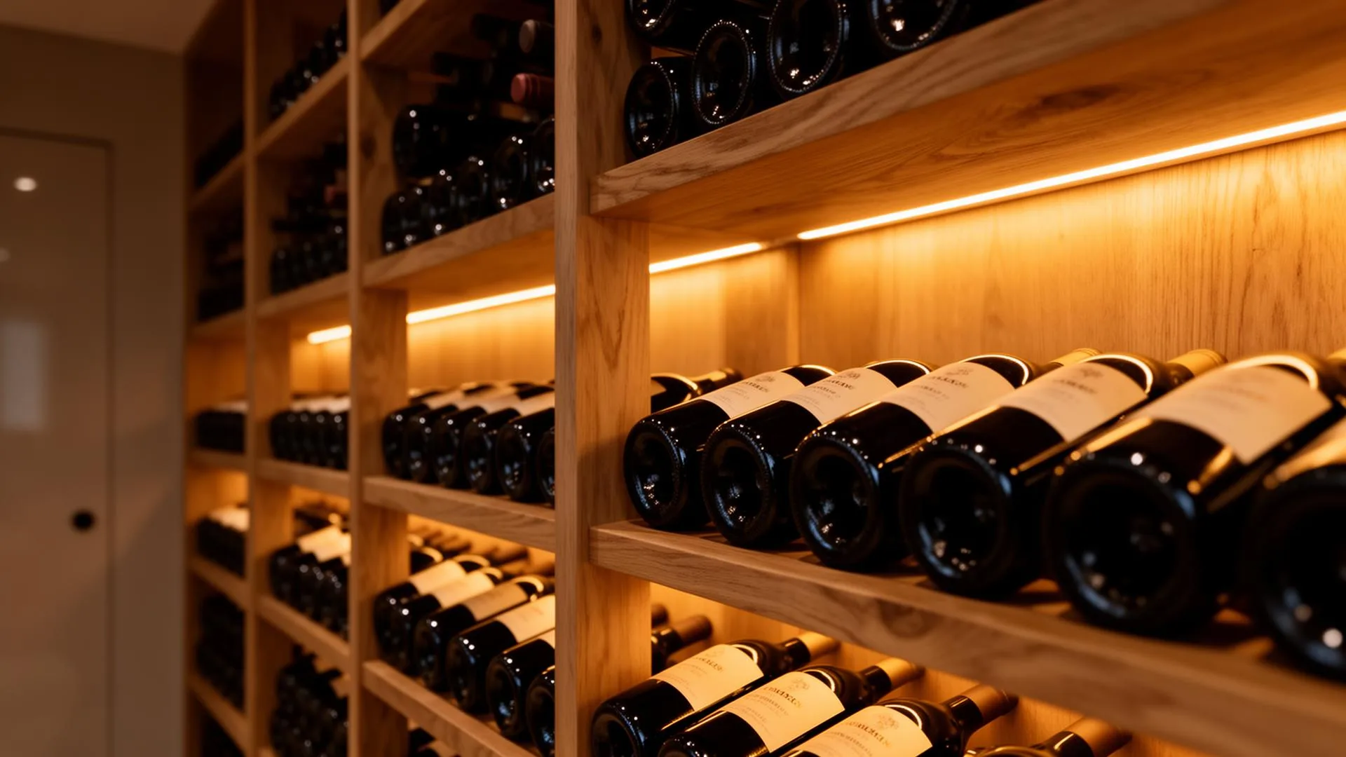 Interior de garrafeira com garrafas de vinho tinto em estantes de carvalho iluminadas com faixas LED quentes 2700K de alto CRI, sem emissão UV, ambiente arquitetónico minimalista e penumbrado.