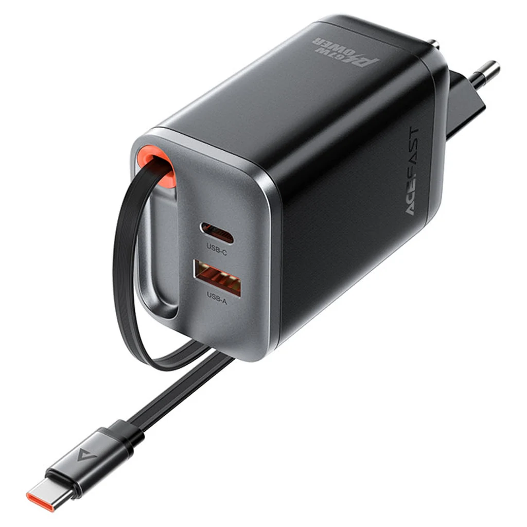 Câble USB-C rétractable intégré du chargeur Acefast A111 67W Câble USB-C rétractable du chargeur GaN 67W Acefast A111 déployé, montrant son mécanisme de rangement