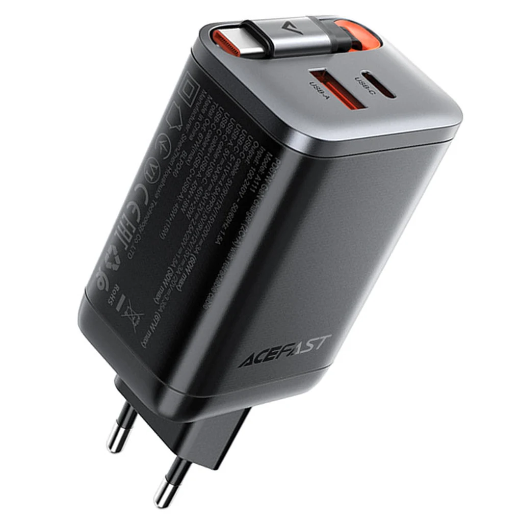 Cargador GaN 67W Acefast A111 con cable USB-C retráctil integrado y puerto USB-C adicional, vista frontal sobre fondo blanco