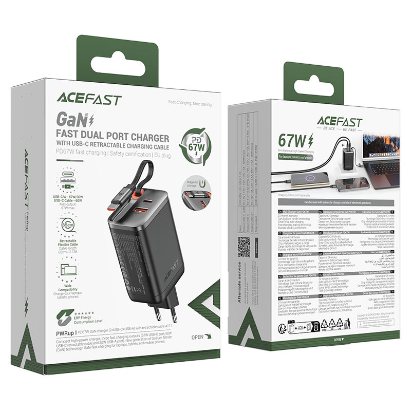 Cargador GaN 67W USB-C con Cable Retráctil Acefast A111 — a111 packaging