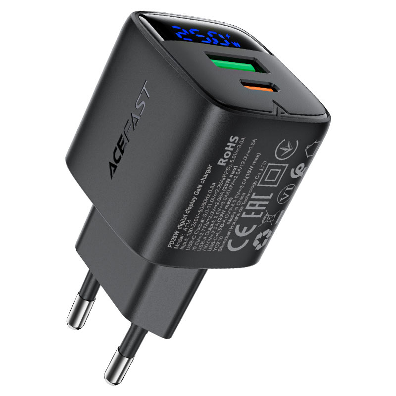 Cargador GaN 25W USB-C + USB-A con Pantalla LED Digital Acefast A114