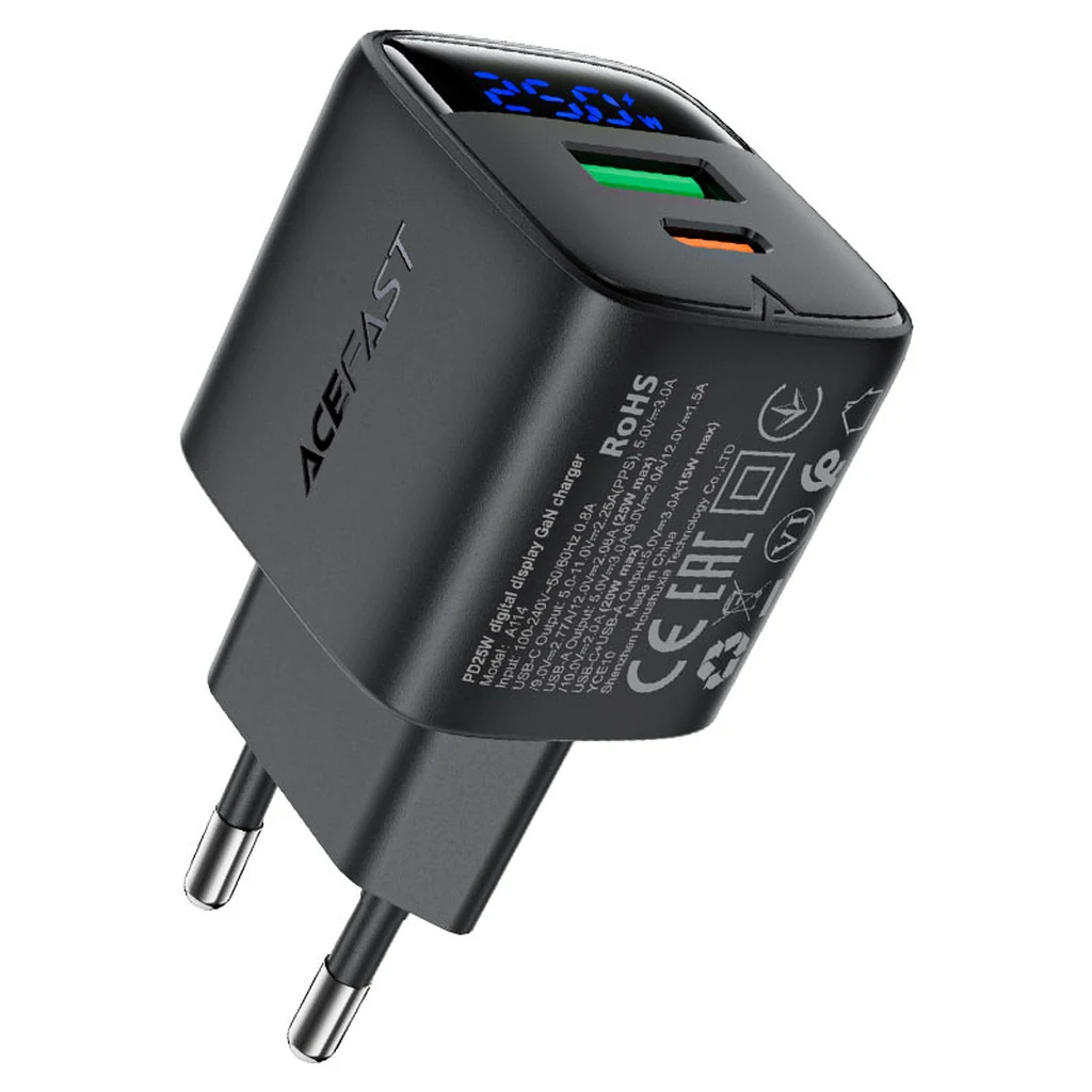 Cargador GaN 25W Acefast A114 con pantalla LED digital, puertos USB-C y USB-A y clavija europea, sobre fondo blanco