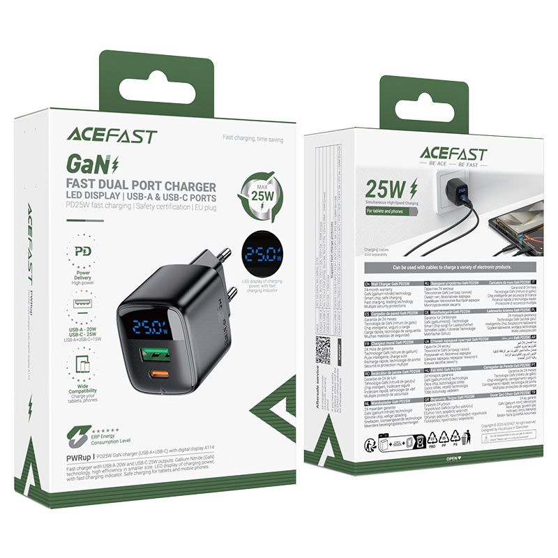 Cargador GaN 25W USB-C + USB-A con Pantalla LED Digital Acefast A114 — a114 packaging