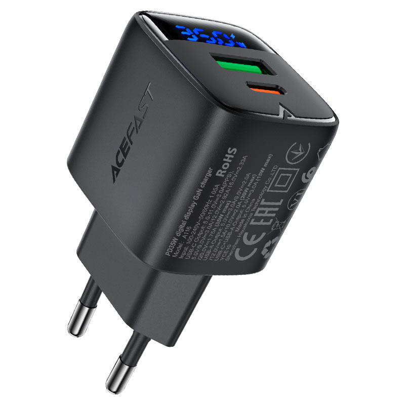 Cargador GaN 35W USB-C + USB-A con Pantalla LED Digital Acefast A116