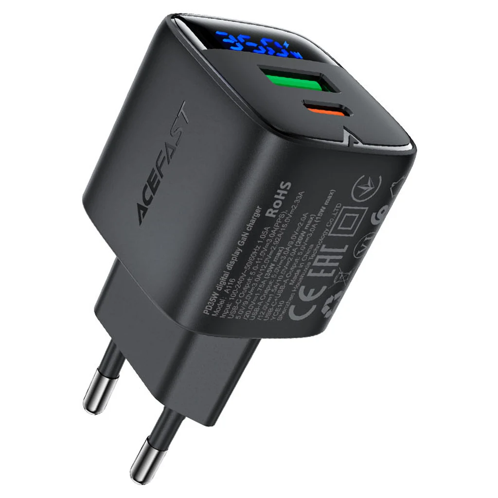 Cargador GaN 35W USB-C + USB-A con Pantalla LED Digital Acefast A116