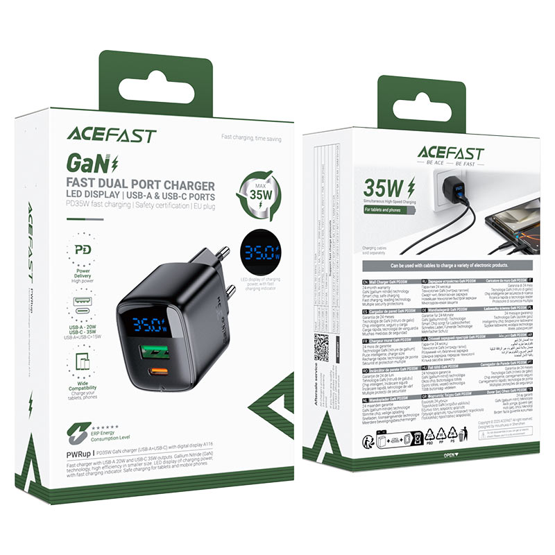 Cargador GaN 35W USB-C + USB-A con Pantalla LED Digital Acefast A116 — a116 packaging