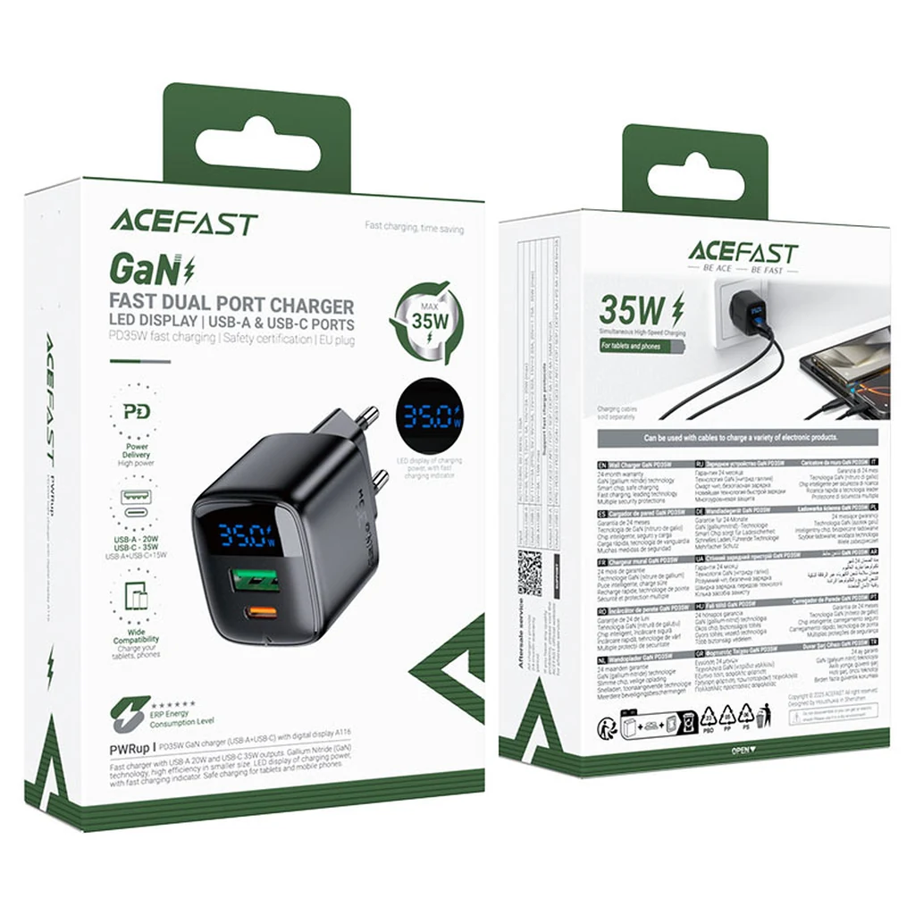 Boîte officielle du chargeur GaN 35W Acefast A116 avec écran LED, emballage d’origine scellé