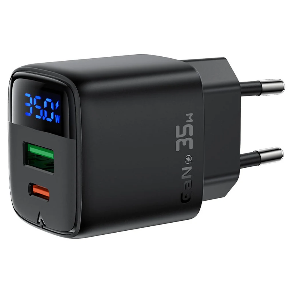 Gros plan sur les ports USB-C et USB-A du chargeur Acefast A116 35W avec l’écran LED éteint