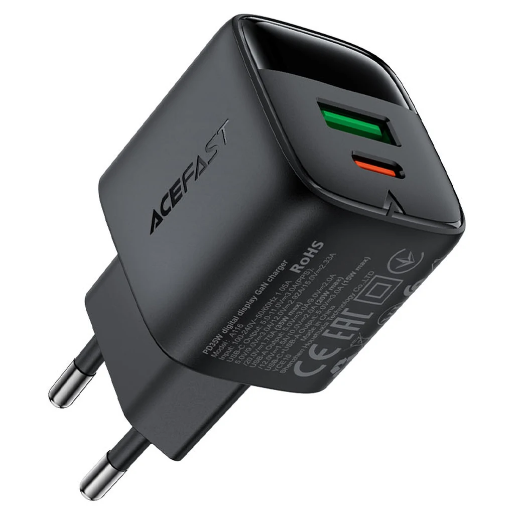 Étiquette technique du chargeur Acefast A116 : entrée 100-240V et sorties USB-C 35W et USB-A