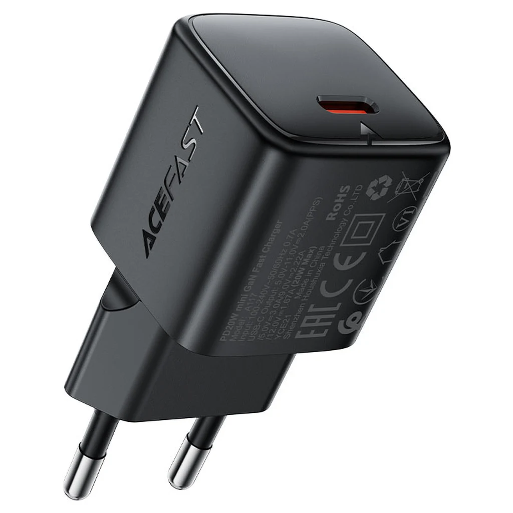 Cargador GaN 20W USB-C Mini Acefast A117 negro con clavija europea, carga rápida Power Delivery para iPhone, iPad y Android