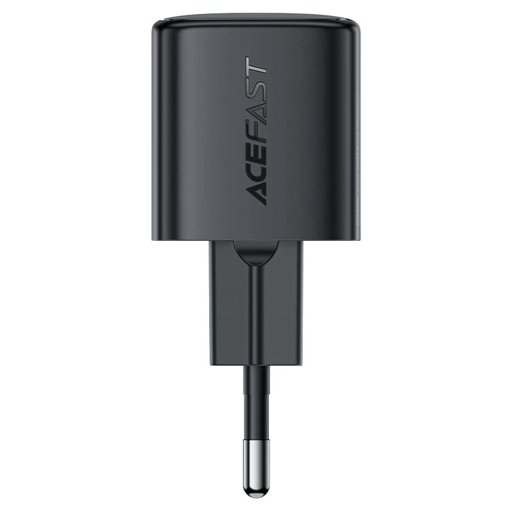 Vue latérale du chargeur GaN 20W Acefast A117 avec le logo gravé et la fiche EU