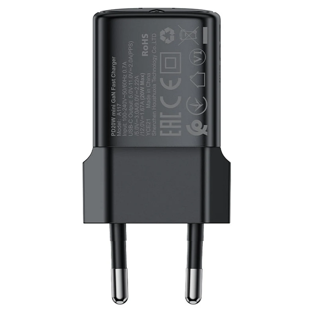 Dos du chargeur Acefast A117 avec l’impression entrée 100-240V, sortie 20W et certifications CE et RoHS