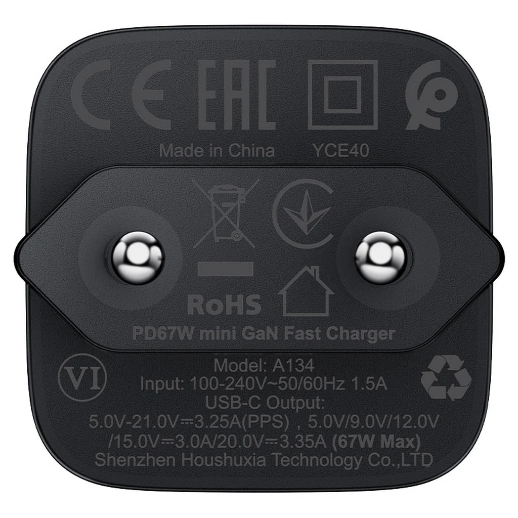 Acefast A134 technical label showing 100-240V input, 67W max USB-C output and CE, RoHS and EAC certifications