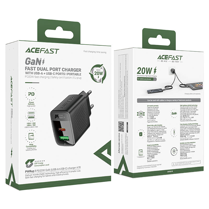Acefast A78 Cargador GaN 20W (USB-A + USB-C) EU — a78 packaging