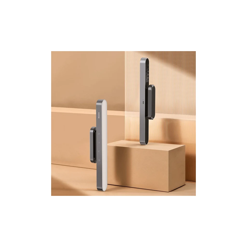 Baseus magnetic LED lamp in gray finish, front and side views with magnetic base