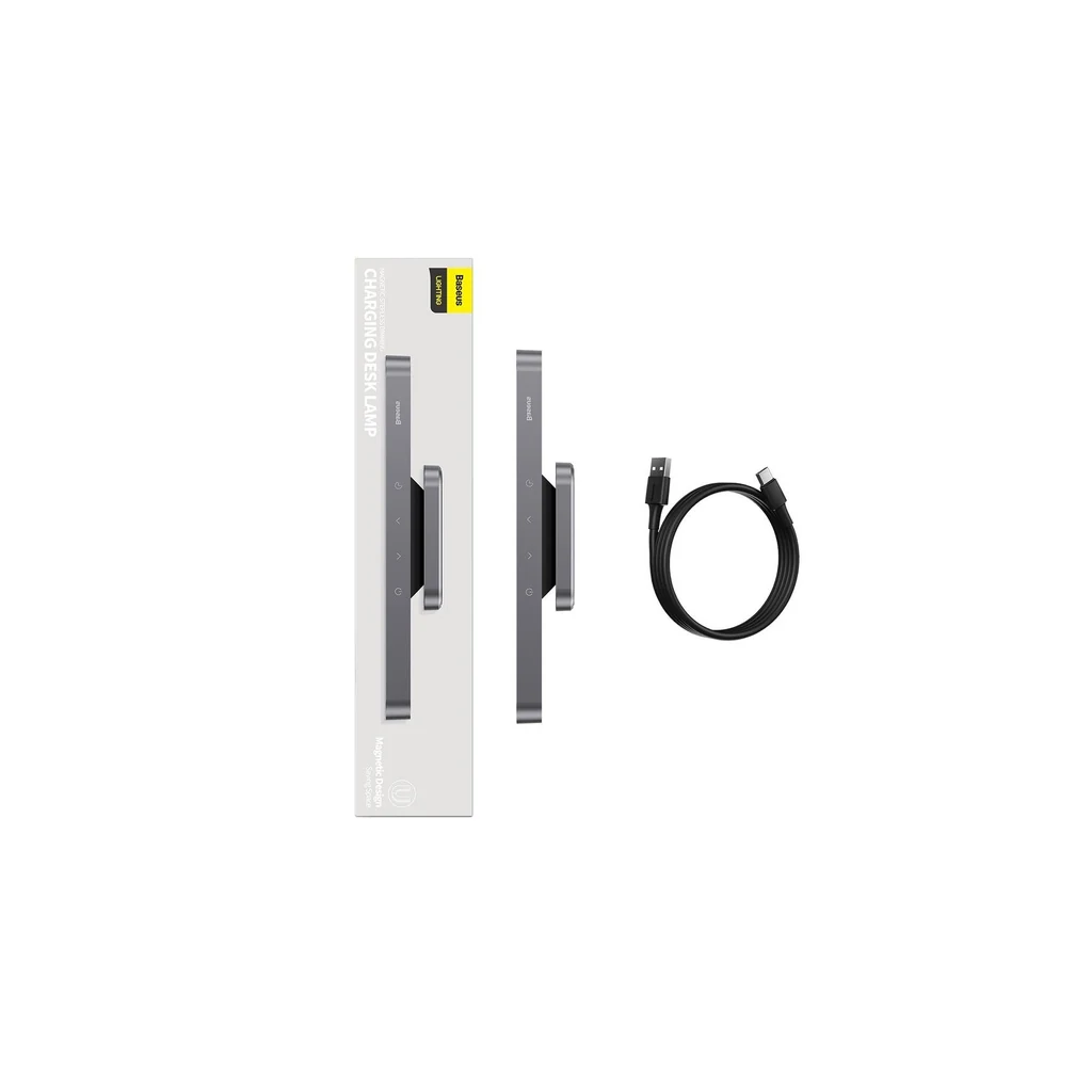 Baseus magnetic LED lamp box contents: light bar, magnetic base and USB charging cable