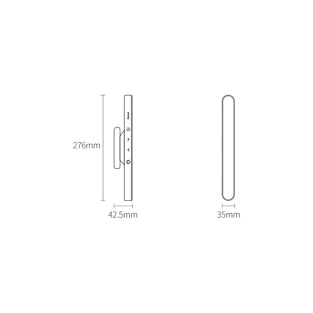 Dimensions of the Baseus magnetic LED lamp: 276 mm long, 42.5 mm wide and 35 mm thick
