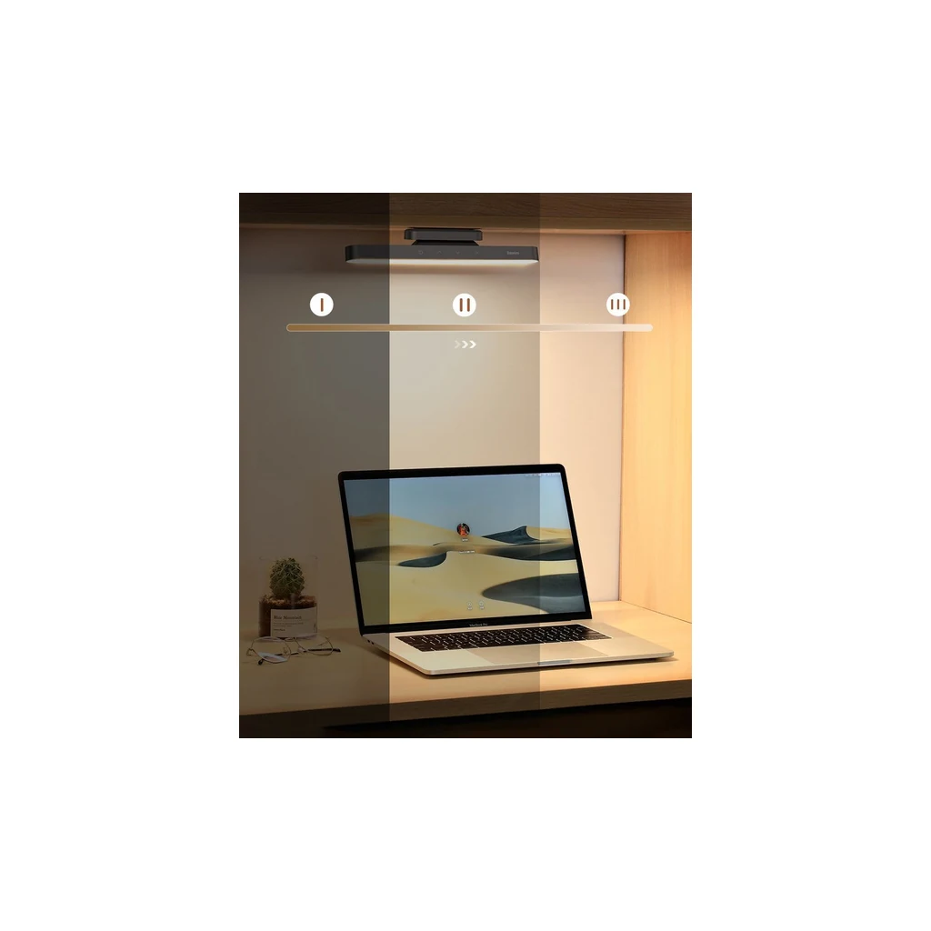 Baseus magnetic LED lamp placed above a laptop screen on an office desk