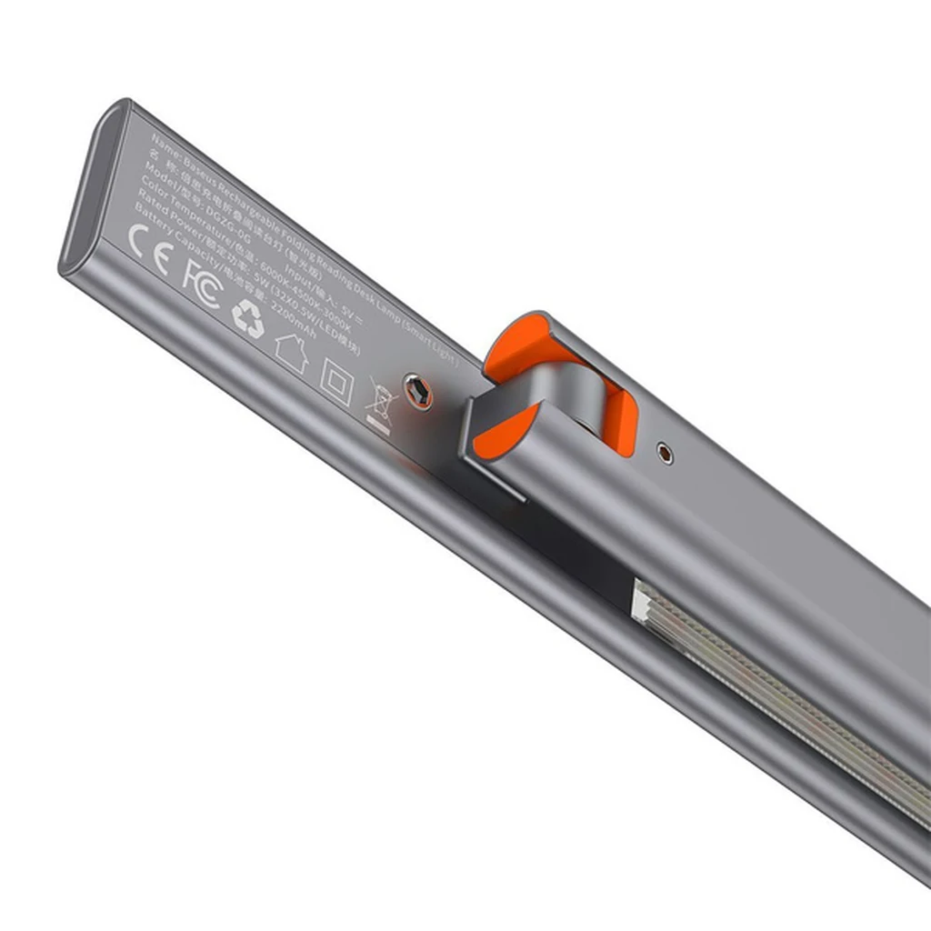 Close-up of the switch and certification markings on the Baseus Smart Eye grey lamp