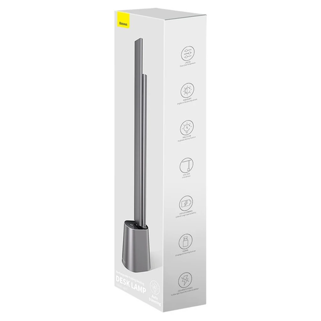 Front of the Baseus Smart Eye grey LED lamp box with its feature icons