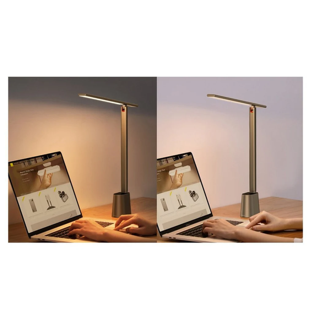 Warm versus cool light comparison of the Baseus Smart Eye grey lamp on the same desk