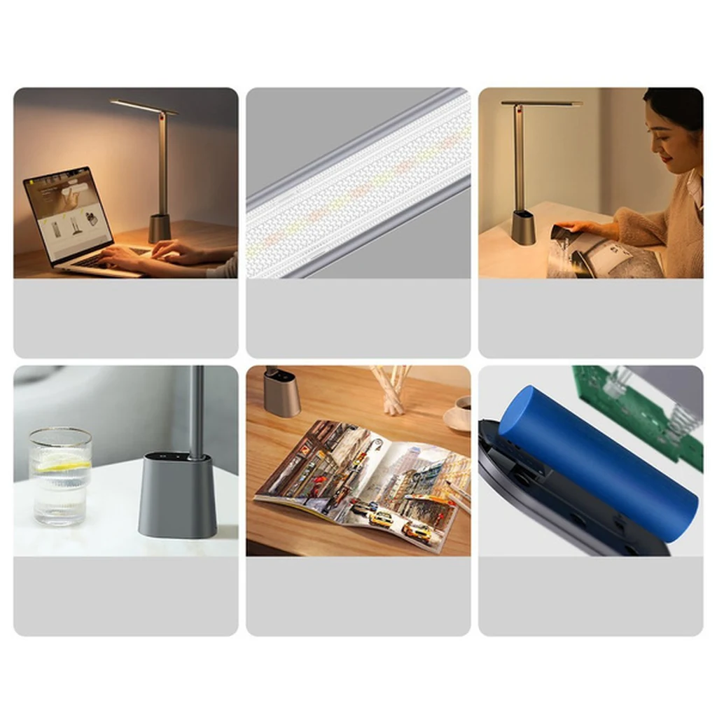 Collage of use cases for the Baseus Smart Eye grey lamp: desk, reading and crafts