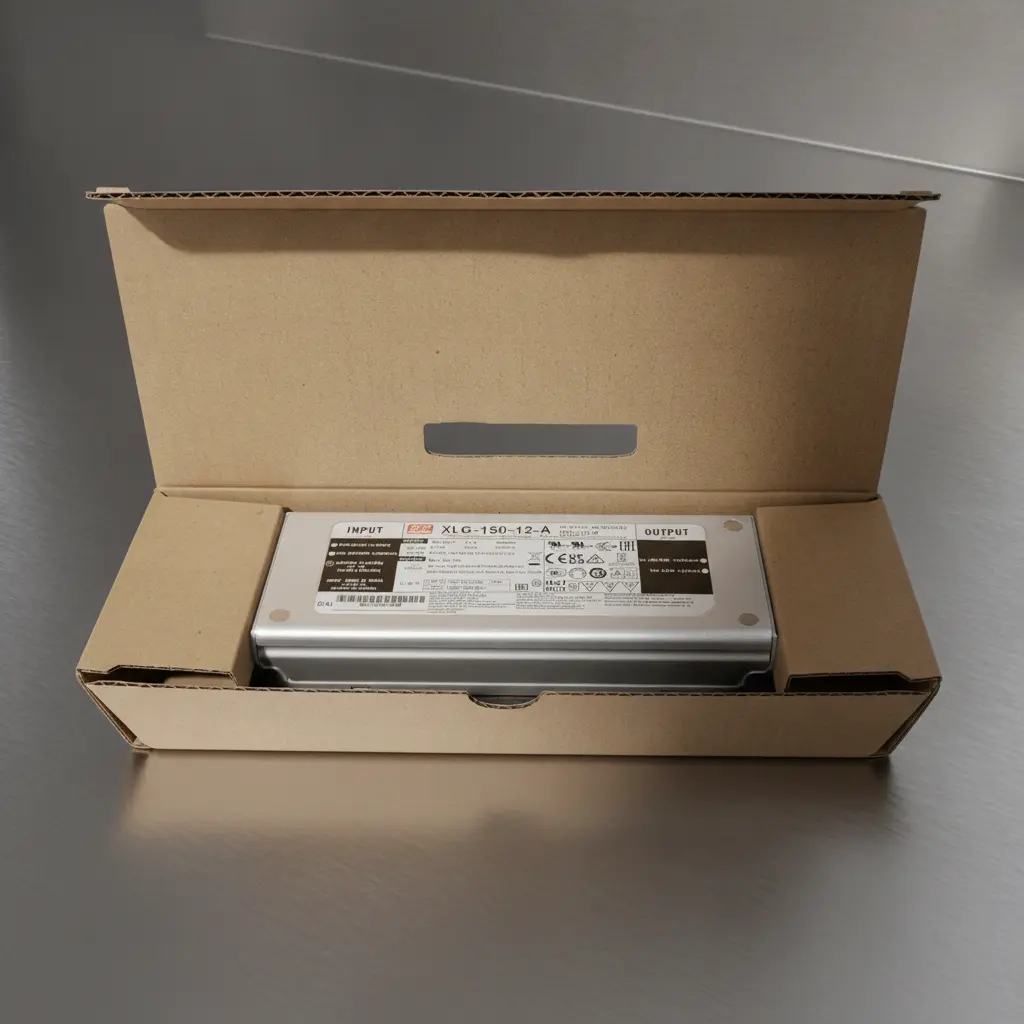Emballage ouvert de l’alimentation Mean Well XLG-150 150W Boîte ouverte de l’alimentation LED Mean Well XLG-150-12-A avec le driver dans son emballage d’origine